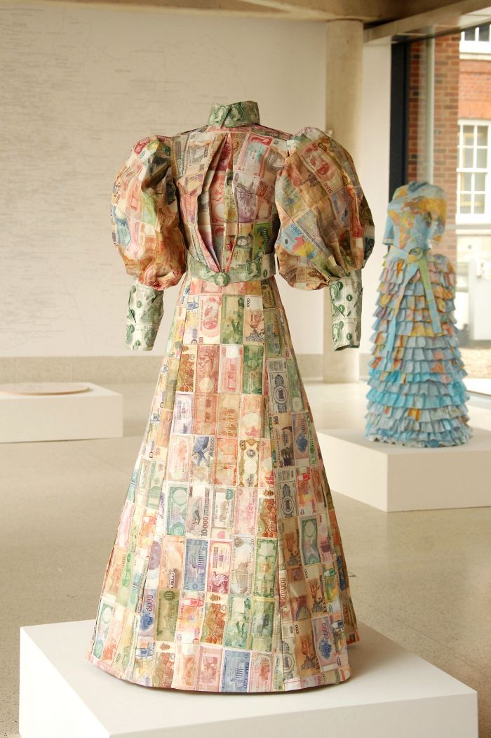 Susan Stockwell Money Dress International currency notes, cotton thread, canvas & mannequin frame 160 x 80 x 60 cm 2010 
