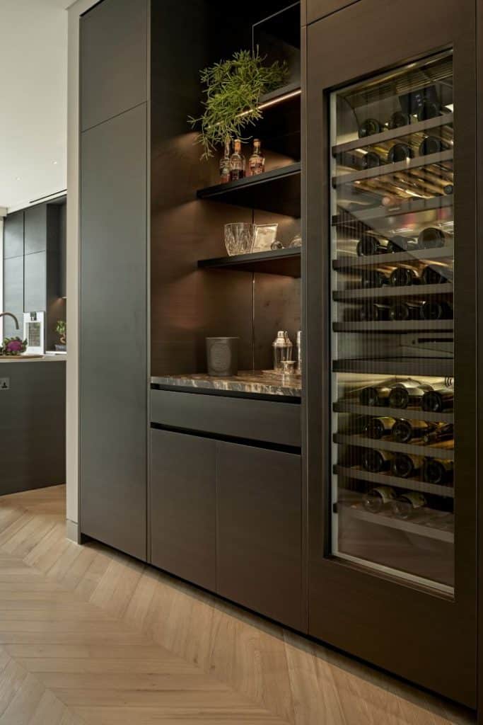 Luxury home win bar with wine fridges from Gaggenau.