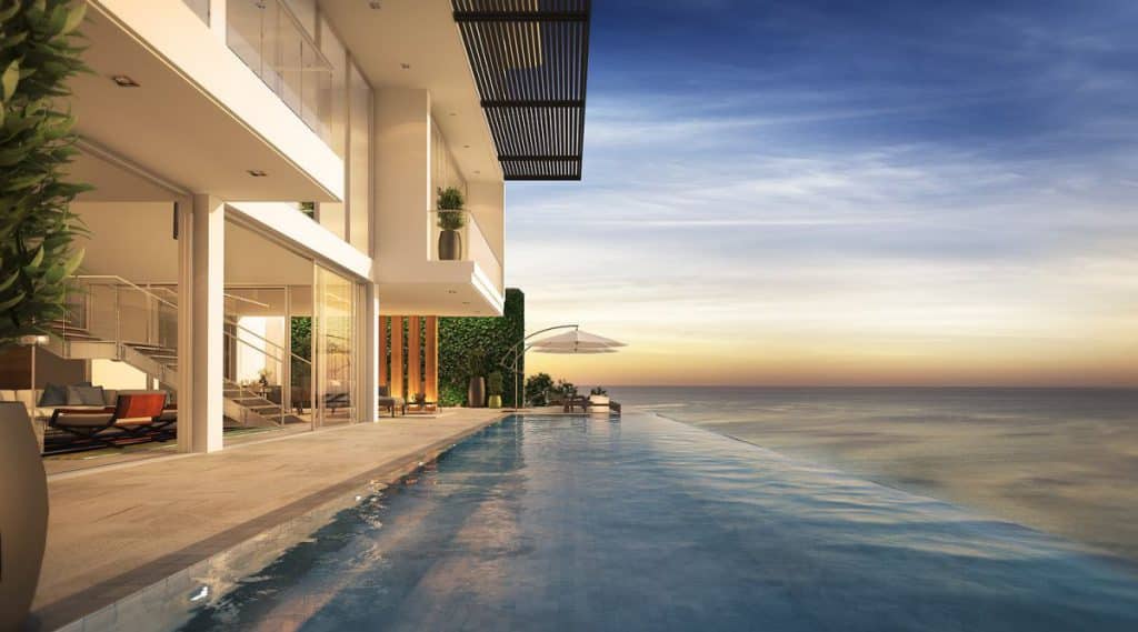 A rendering of a luxury outdoor terrace with infinity pool.