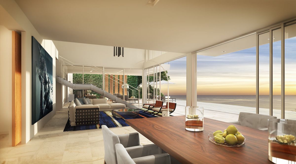 A rendering of an open plan dining and living room with sea views. 