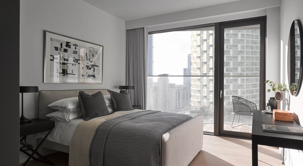 A luxury city apartment bedroom designed by GRID Architects with interiors by Angel O'Donnell. 