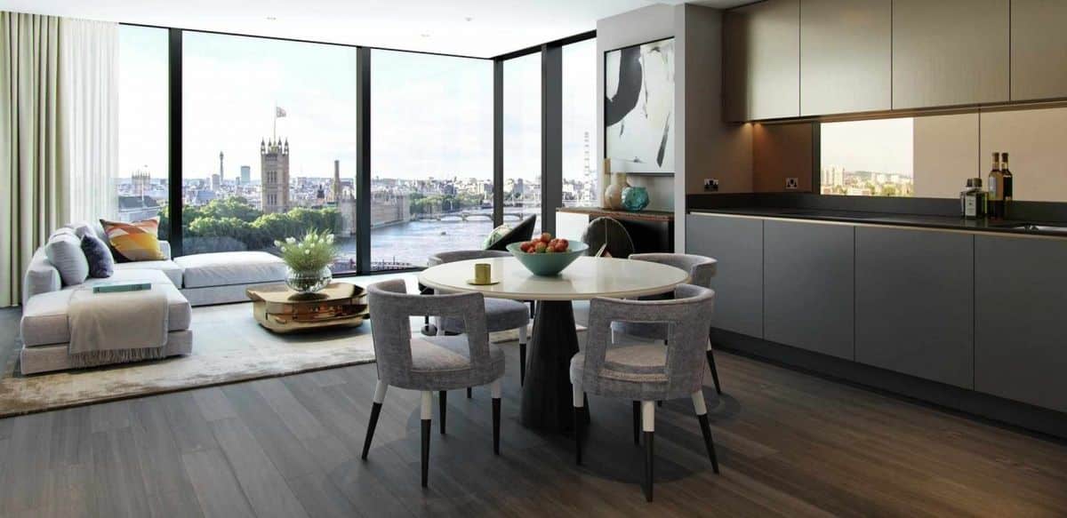 The open plan kitchen living dining area in an apartment designed by David Walker Architects.