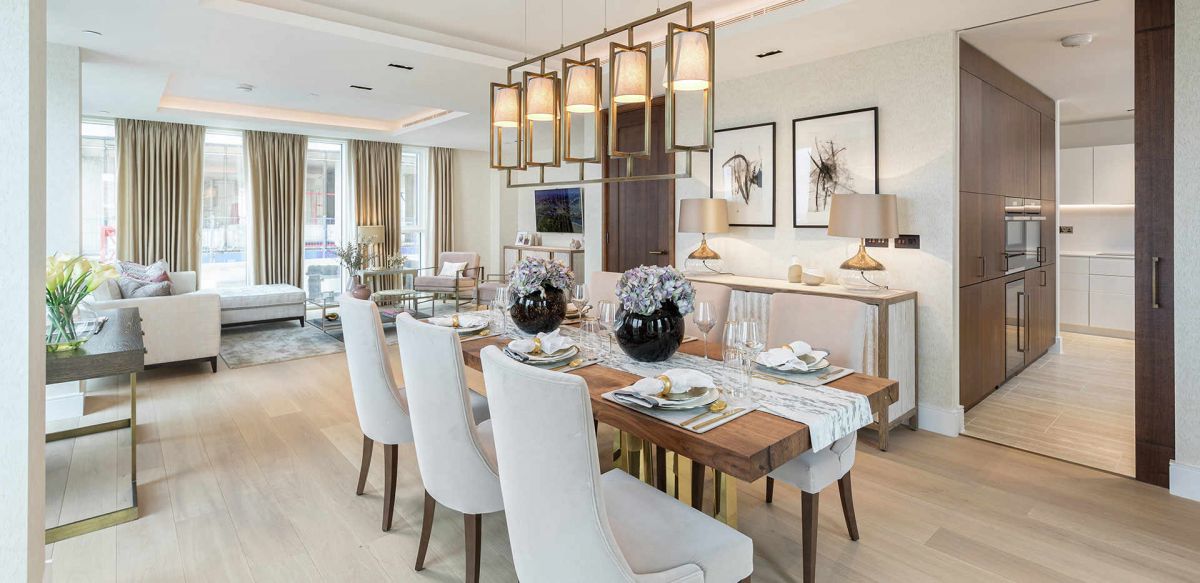 An image of the dining area in an apartment at Kensington Row. 