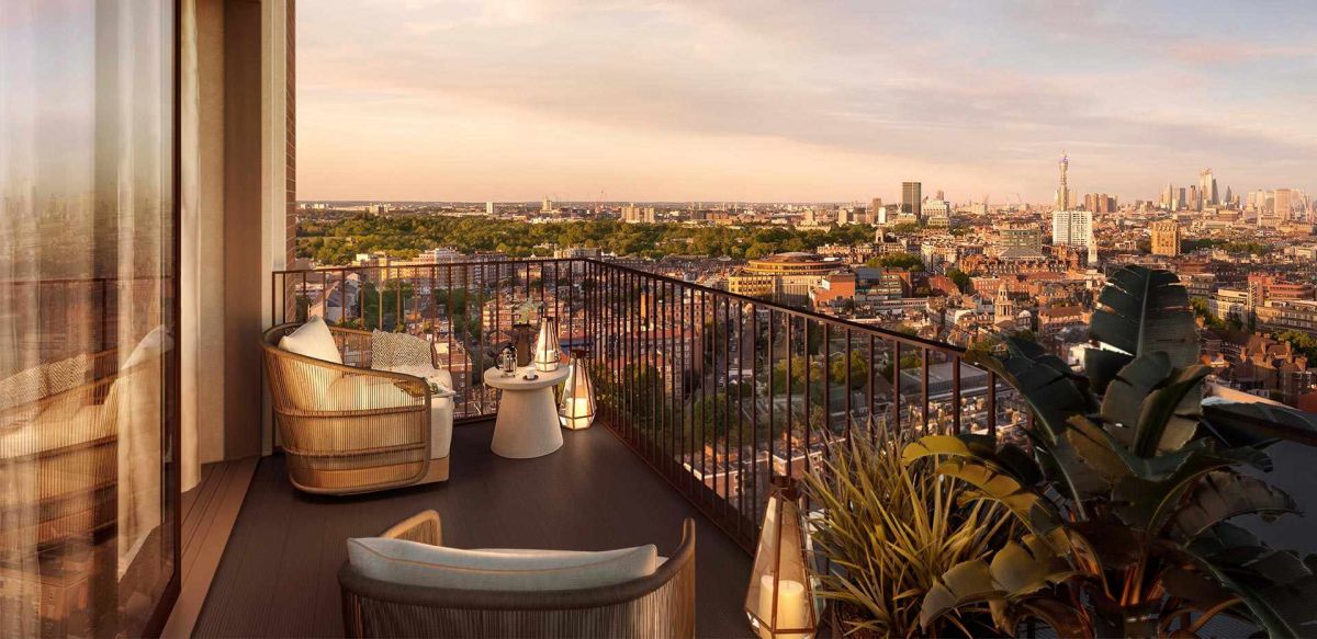 A view of the London skyline from an apartment terrace at West End Gate. 