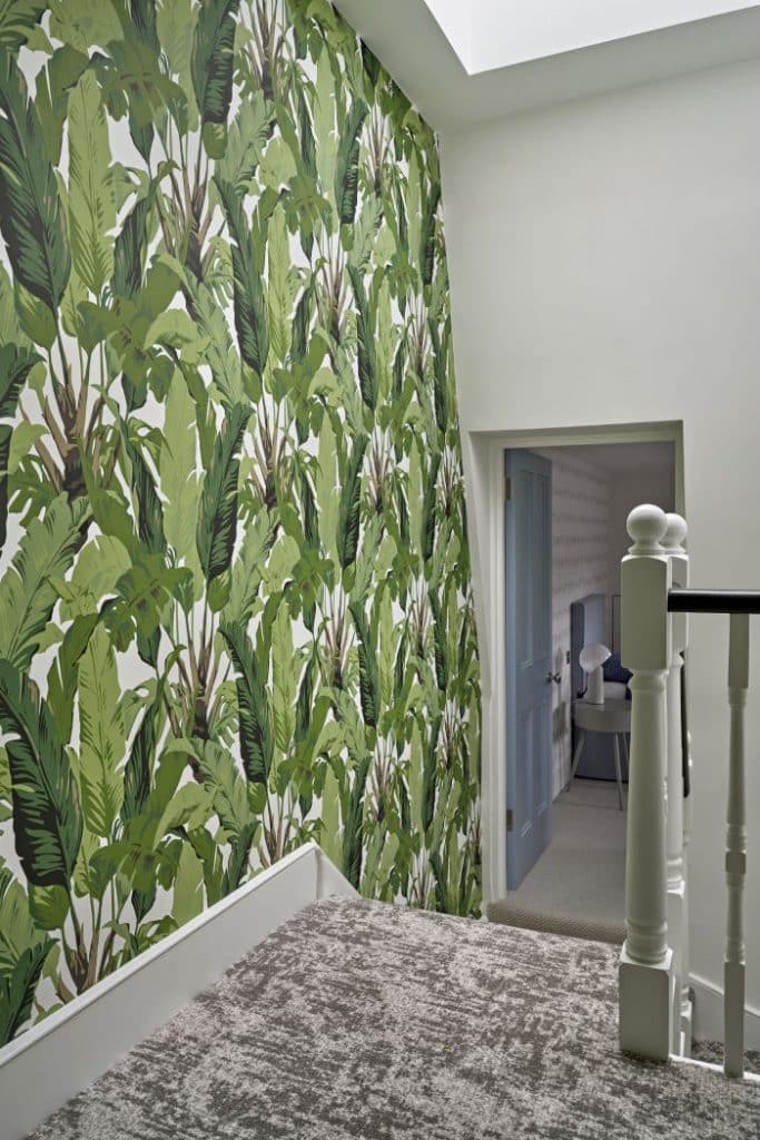 Bright playful wallpaper in a hallway.
