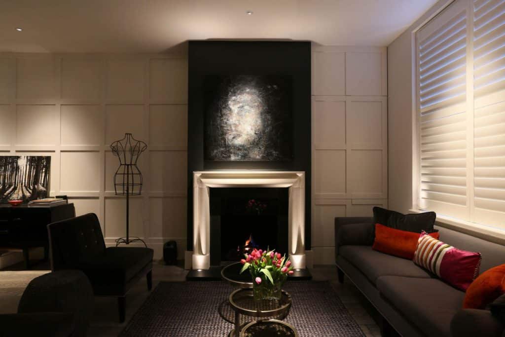 Luxury fireplace uplighters by John Cullen Lighting and Designed by Woulfe interiors