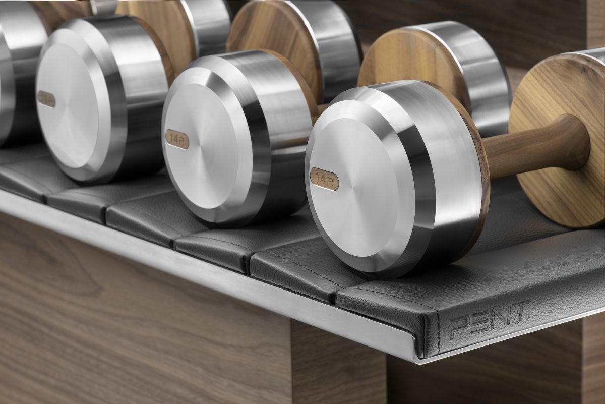 Handcrafted dumbbells from Pent's Colmia range in wood and metal