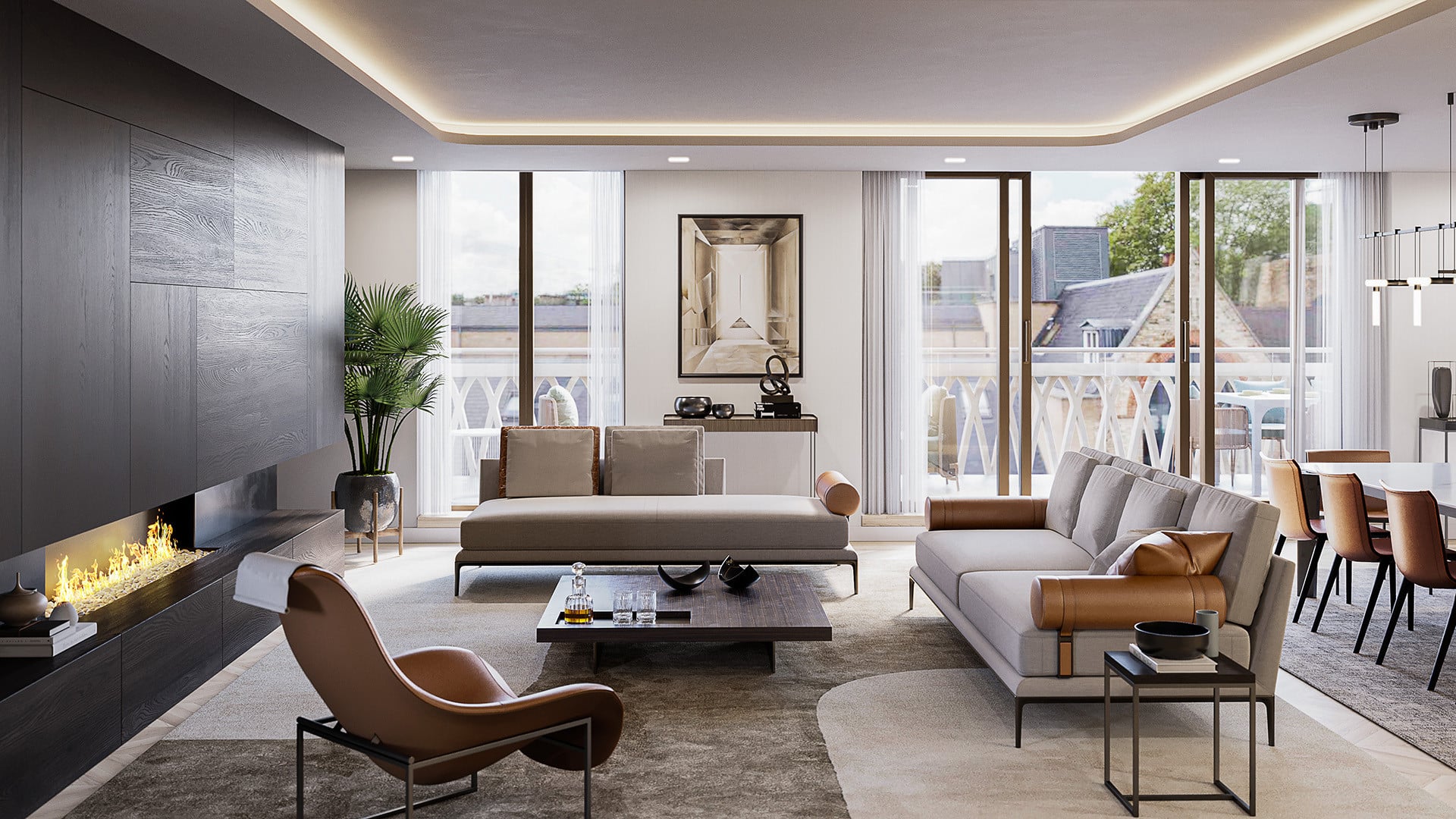 Modern style open space living room where neutral tones are in lead.
