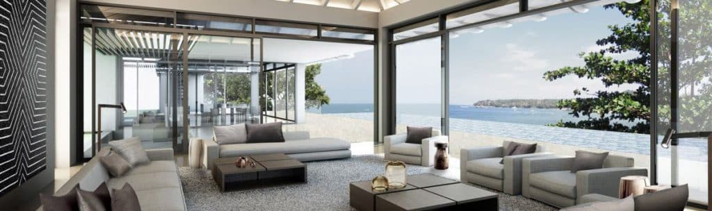A rendering of a modern living room furnished with soft Italian designed furniture.