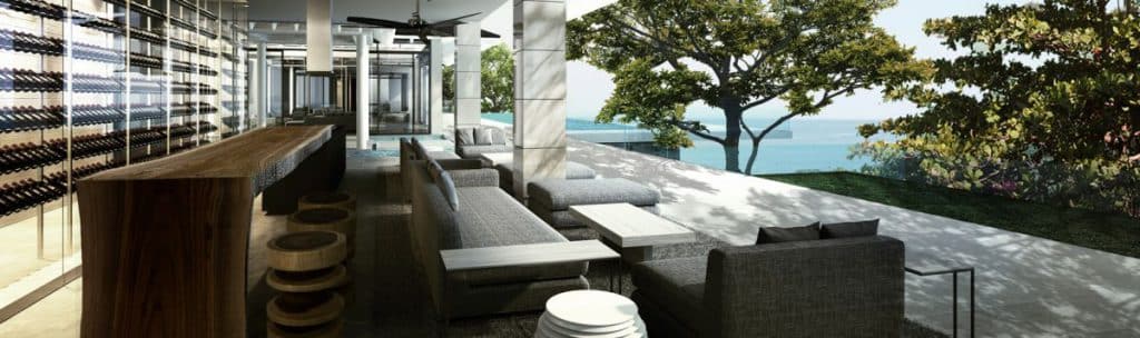 A rendering of an outdoor entertaining and dining area.
