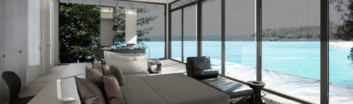 A rendering of a principle bedroom suite in a luxury Asian Villa with freestanding bathtub and sea views. 