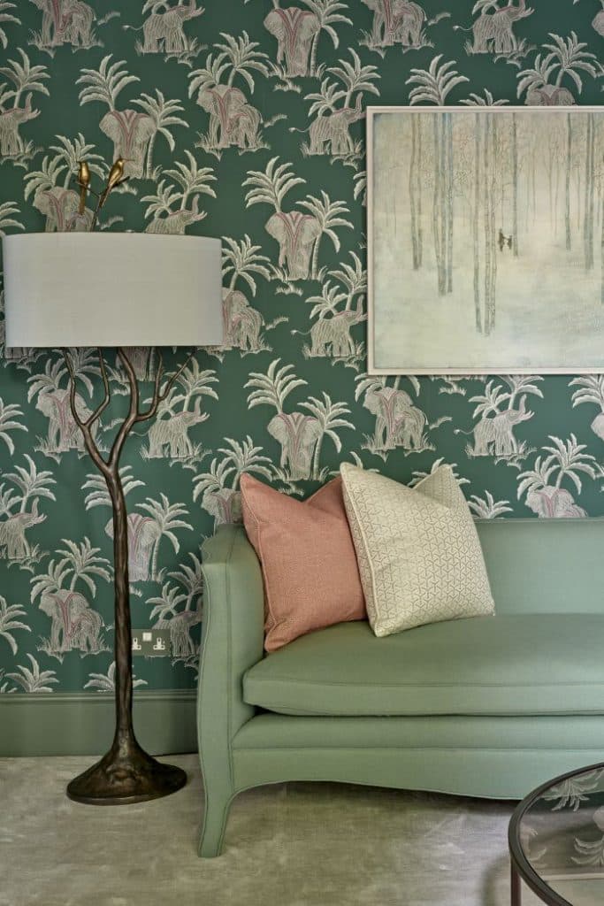 Hooked on Walls wallpaper in green drawing room.