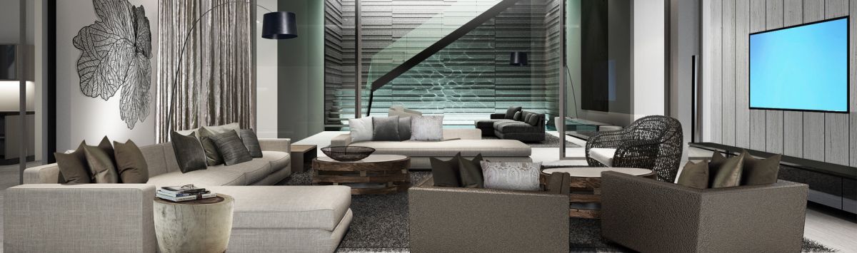 A rendering of a media room in a luxury villa. 