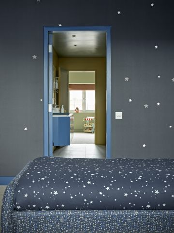 Kids bedroom night time wallpaper with stars.