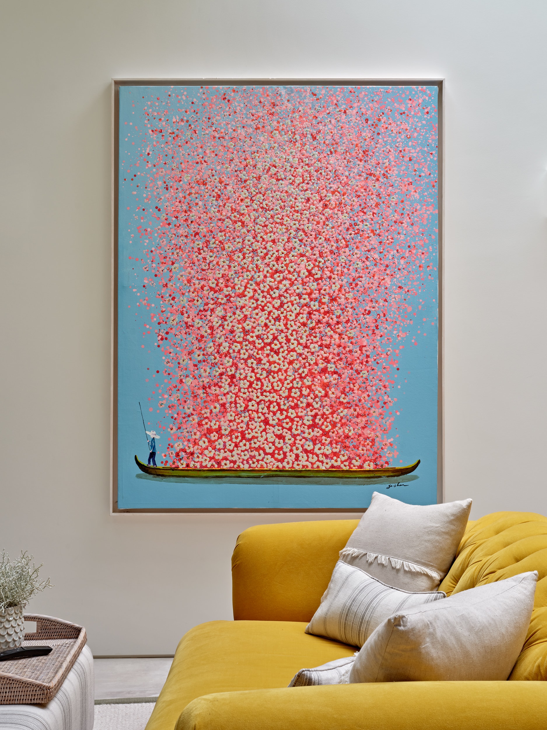 Beautiful colourful painting of cherry blossoms in living space.