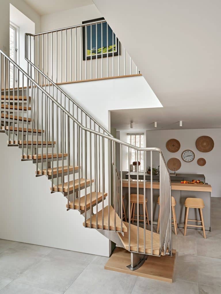 Metal and wood staircase.